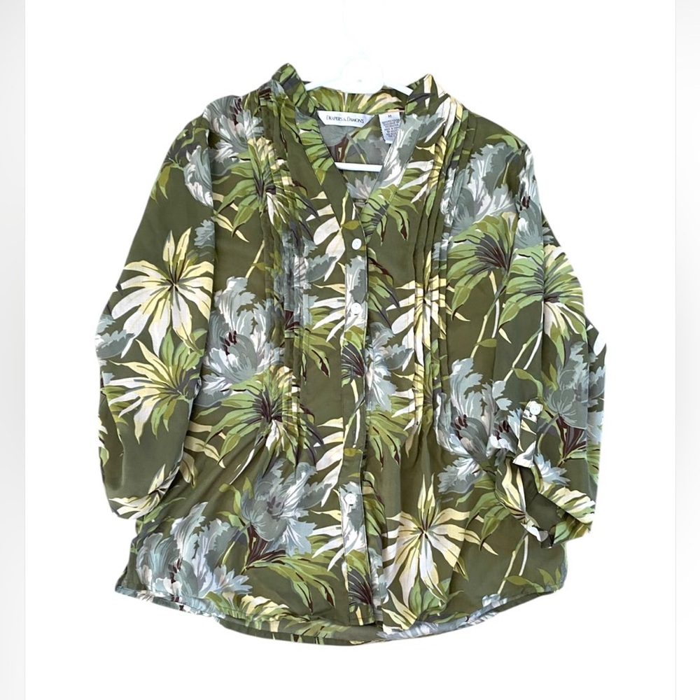 Leafy Green Floral Button-Up Blouse